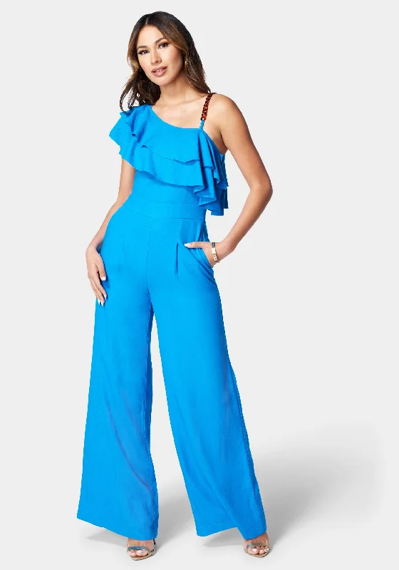 Asymmetric Ruffle Neck Wide Leg Jumpsuit