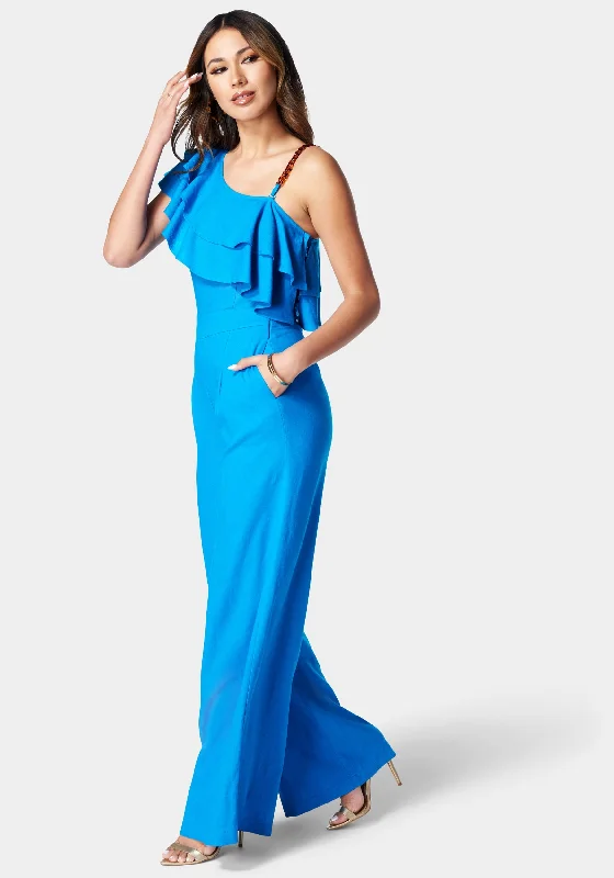 Asymmetric Ruffle Neck Wide Leg Jumpsuit