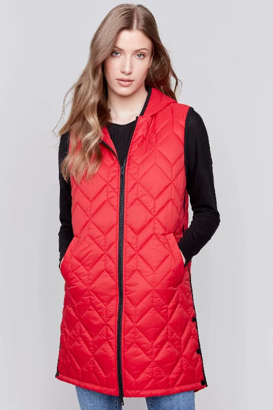 Charlie B Hooded Long Sleeveless Quilted Vest - C6323 - 388B