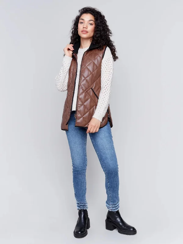 Charlie B Quilted Faux Leather Long Vest - C6321-945B