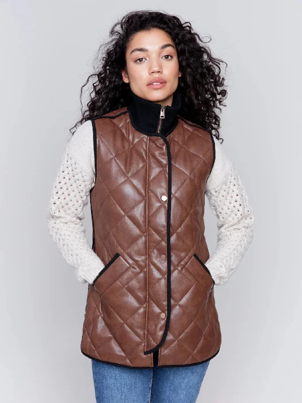 Charlie B Quilted Faux Leather Long Vest - C6321-945B