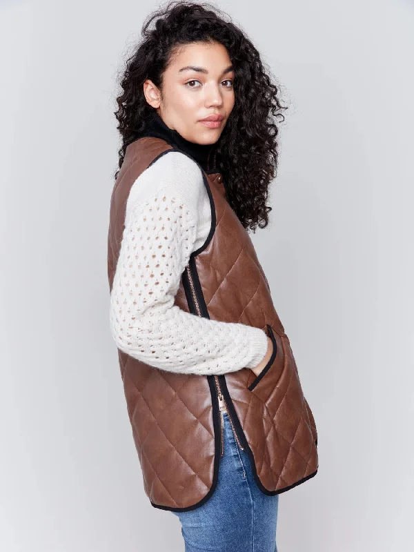 Charlie B Quilted Faux Leather Long Vest - C6321-945B