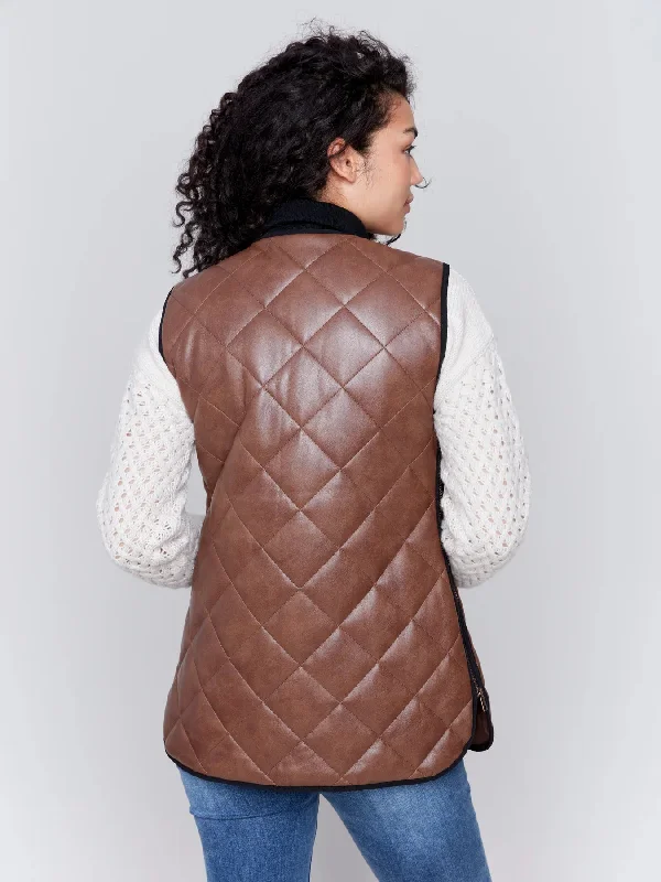 Charlie B Quilted Faux Leather Long Vest - C6321-945B