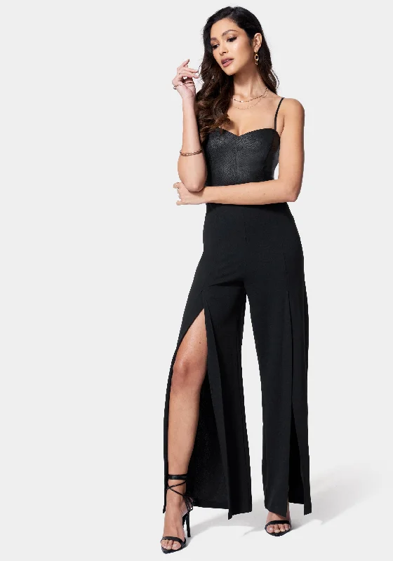 Vegan Leather Open Leg Jumpsuit