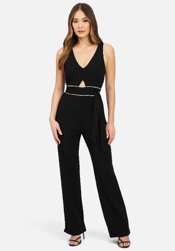 Knit Crepe Jumpsuit W/ Front Cutout & Contrast Piping