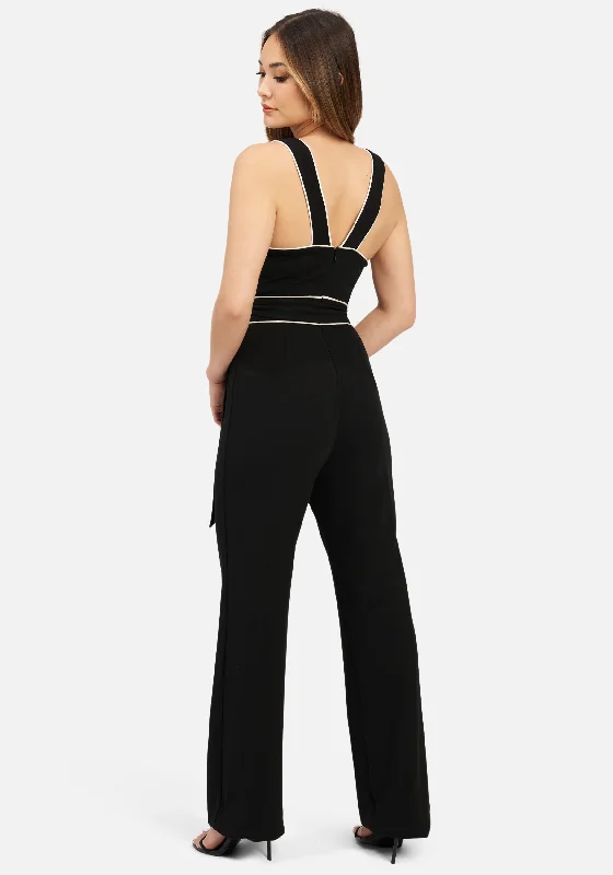 Knit Crepe Jumpsuit W/ Front Cutout & Contrast Piping